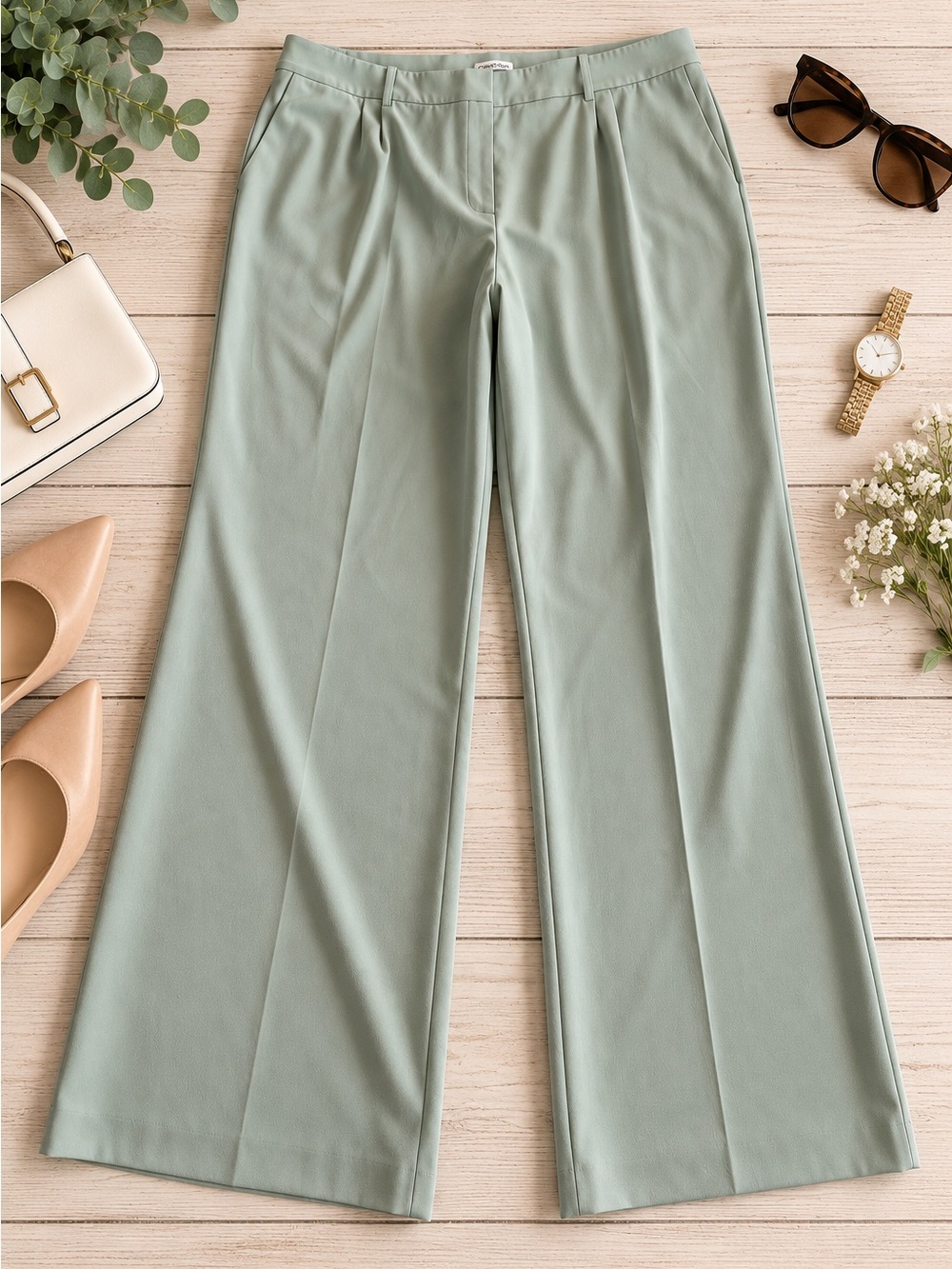 Calvin Klein Sage Green Wide-Leg Trousers